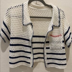 White and Navy Crochet Cardigan